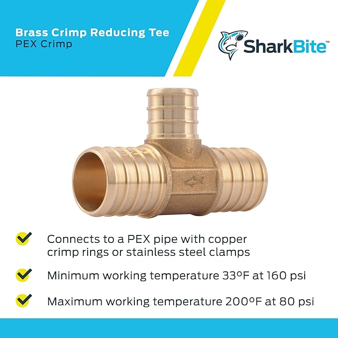 SharkBite 1 Inch x 1 Inch x 3/4 Inch Crimp Reducing Tee, Brass Plumbing Fitting, PEX Pipe, PE-RT, UC416LFA (Pack of 2)