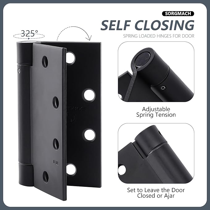 Self Closing Door Hinge 4-1/2 inch Matte Black Auto Close Hinges Adjustable 4 ½"x 4 ½" Spring Hinges Door Closer Hinge Square Corner Commercial Auto Self-Closing Hinge 3 Pieces
