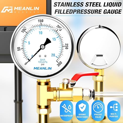 MEANLIN MEASURE 0~300Psi Stainless Steel 1/4" NPT 4" FACE DIAL Liquid Filled Pressure Gauge WOG Water Oil Air Lower Mount, with 1/4" x 1/2" NPT and 1/4" x 3/8" NPT Hex Bushing