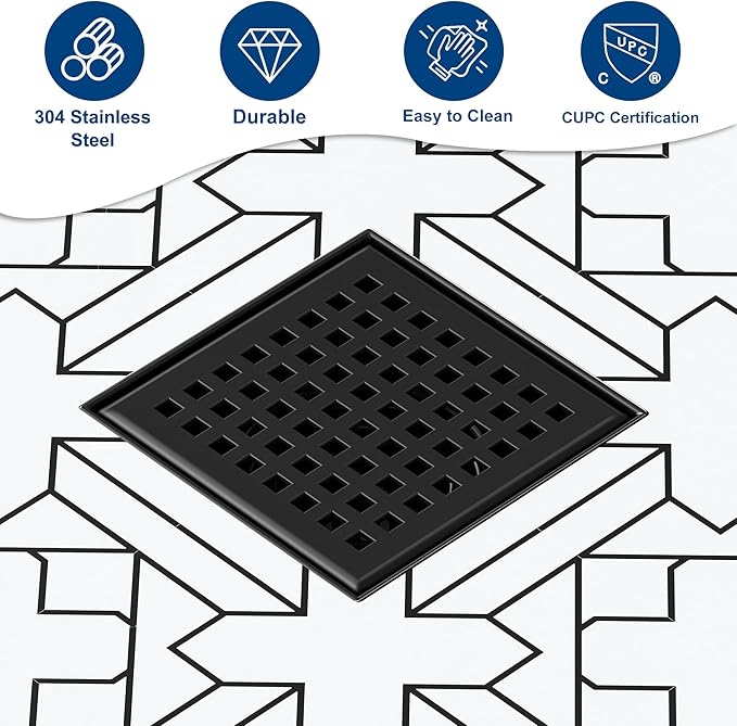 Neodrain 4 Inch Black Square Drain, 304 Stainless Steel Shower Drain Kits with PVC Base, Removable Cover Hair Catcher Strainer for Bathroom Floor Drain, Matte Black