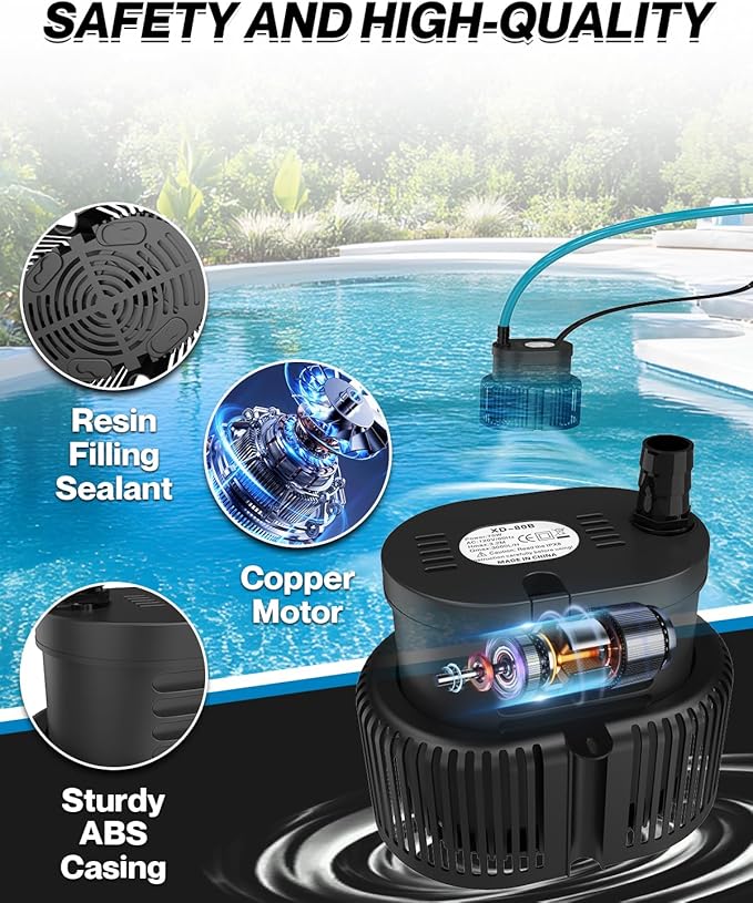 Pool Cover Pump Above Ground - Submersible Sump Pump, Swimming Water Removal Pumps, with Drainage Hose & 25 Feet Extra Long Power Cord, 850 GPH inGround, 3 Adapters Black