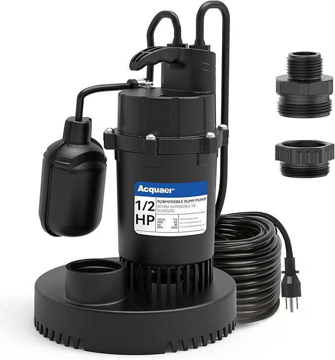 Acquaer 1/2 HP Sump Pump, 4060 GPH Submersible Clean/Dirty Water Pump with Adjustable Float Switch for Garden Pool, Basement, Flooded House, Hot Tub and Irrigation, Max head 32 ft.