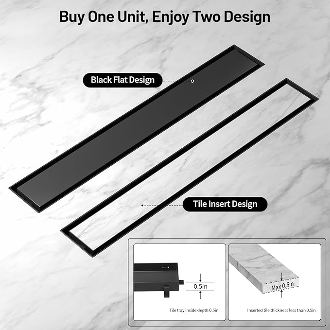 Linear Shower Drain, 304 Stainless Steel with Adjustable Leveling Feet, Hair Strainer,Reversely Install Place to Create an Invisible Floor Drain - Black -32-Inch