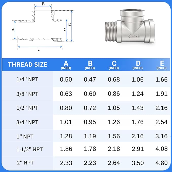ChillWaves 304 Stainless Steel Pipe Fitting, Male Run Tee 2" NPT Female x 2" NPT Female x 2" NPT Male Thread Adapter(1-PACK)
