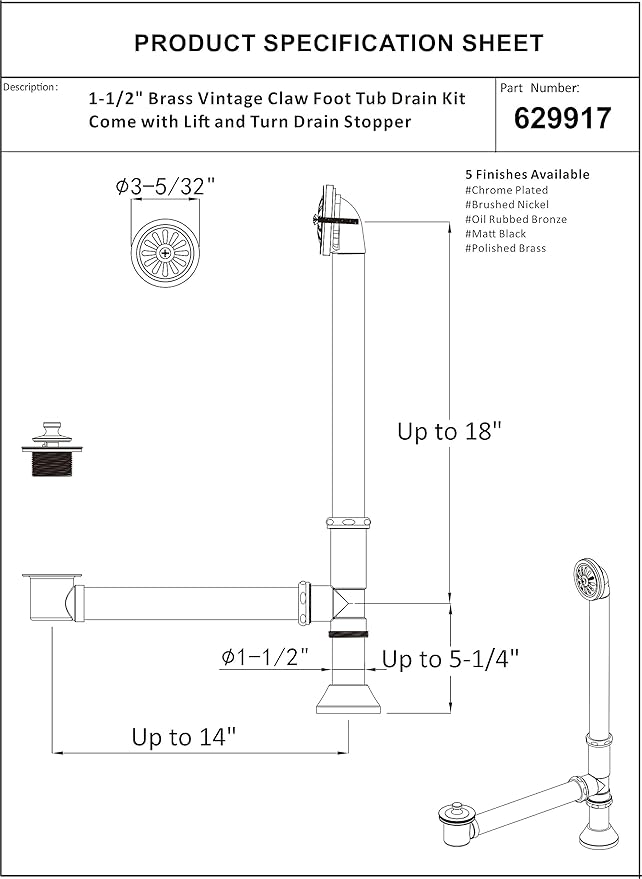 Artiwell Vintage Claw Foot Tub Drain Kit with Lift and Turn Bath Drain Stopper, 1-1/2" Brass Tubular Leg Tub Bathtub Waste and Overflow Drain Assembly with Drain Plug and Bathtub Overflow Cover