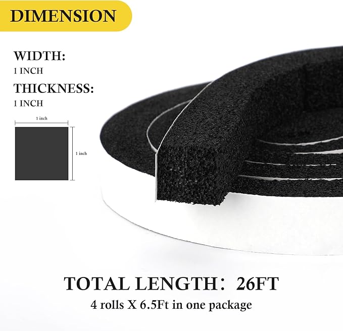 fowong Air Conditioner Window Seal 1 Inch X 1 Inch, Thick AC Weather Stripping High Resilience Foam Sealing Tape Adhesive AC Window Seal Kit 6.5ft Long (6.5ft x 4 Rolls, Black)