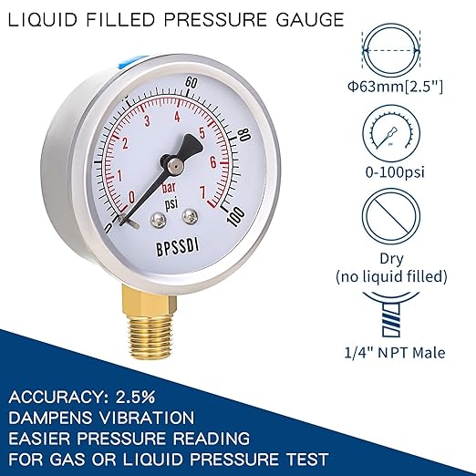 0-100 Psi Low Pressure Gauge, 2.5" Dial Size, 1/4" NPT Lower Mount, 304 Stainless Steel Case, Water Pressure Gauge Test for Water Pump, Pneumatic Air, RV Hose(with Tape)