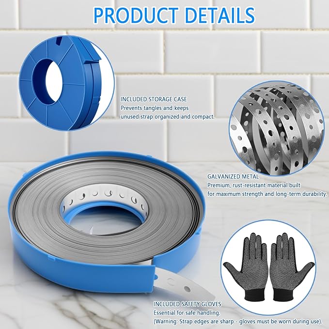 Galvanized Metal Pipe Strap 3/4" x 66 FT, 32-Gauge - Metal Hanger Strapping with Holes for Pipe Support, Flexible Trimming | Includes Storage Case & Gloves (66 FT)