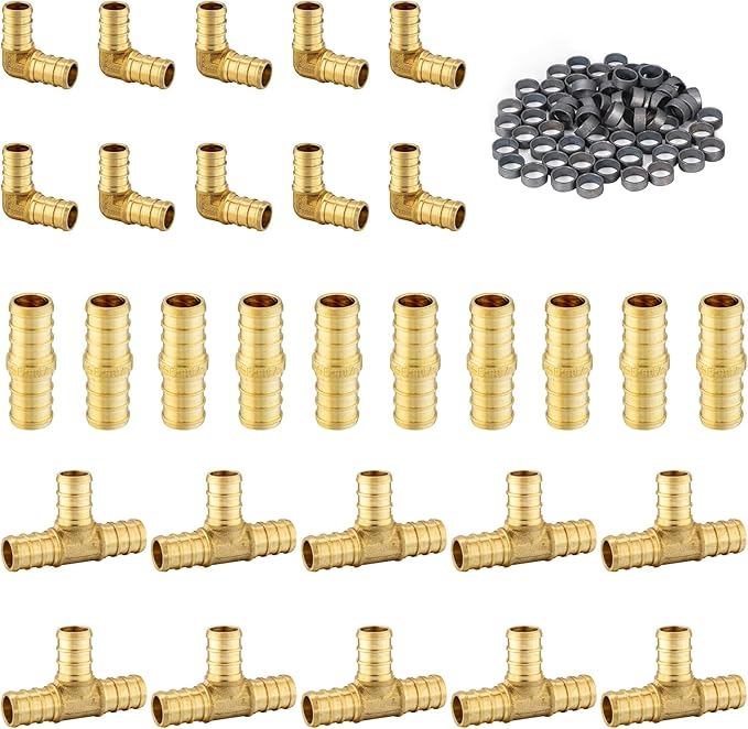 100 Pack Foskan 3/4 Inch PEX Brass Fittings Set, 10 PCS Each Elbows Tees Straight Couplings, With 70pcs Copper Rings, PEX Crimp Barb Fitting Kit