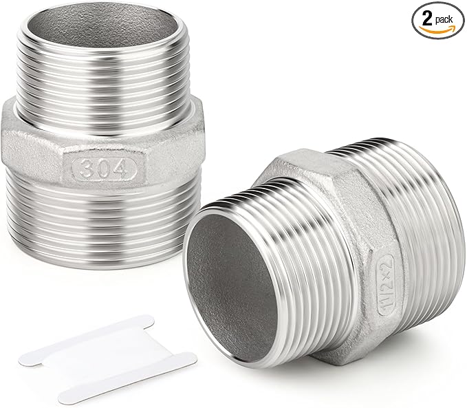 TAISHER 2PCS Cast 304 Stainless Steel Hex Nipple, Reducer Pipe Fitting 2" NPT Male x 1-1/2" NPT Male