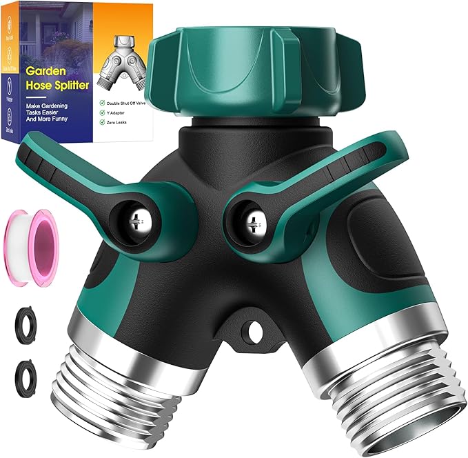 2 Way Garden Hose Splitter with Shut Off Valve,Water Spigot Splitter for 3/4" Hose Connector,Heavy Duty Metal Outdoor Faucet Splitter Y Connector for Garden Hose,with 3 Leakproof Washers & 1 tape