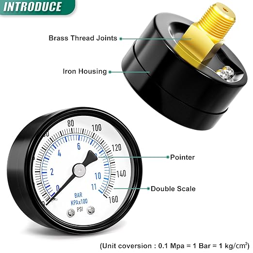 0-160psi Well Pump Pressure Gauge 1/4" NPT 2" Face Dial Size Back Mount, Multifunctional Practical Dry Pressure Gauge, for Water, Oil and Air Compressor