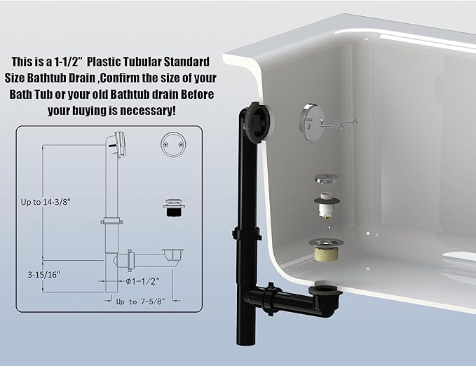 Artiwell 1-1/2" Black Tubular Bath Drain Kit with Tip-Toe Bath Drain Stopper, Touch-Toe Tub Drain, Tip Toe Bathtub Drain Waste and Overflow with Plug and Bathtub Overflow Drain Cover, Chrome Plated