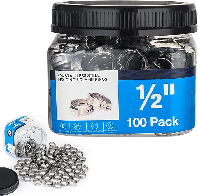 1/2 Inch PEX Cinch Clamp Rings, 100 Pack Stainless Steel Crimp Ring for PEX Pipe Tubing