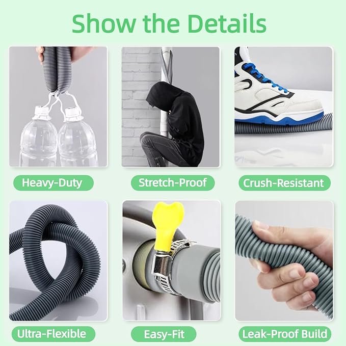 16-FT Universal Washing Machine Drain Hose Kit – Extra-Long Flexible Corrugated Extension for Washer/Dishwasher/Dehumidifier | 7-Piece Set: U-Bend Bracket, 4 Stainless Clamps + Adapter