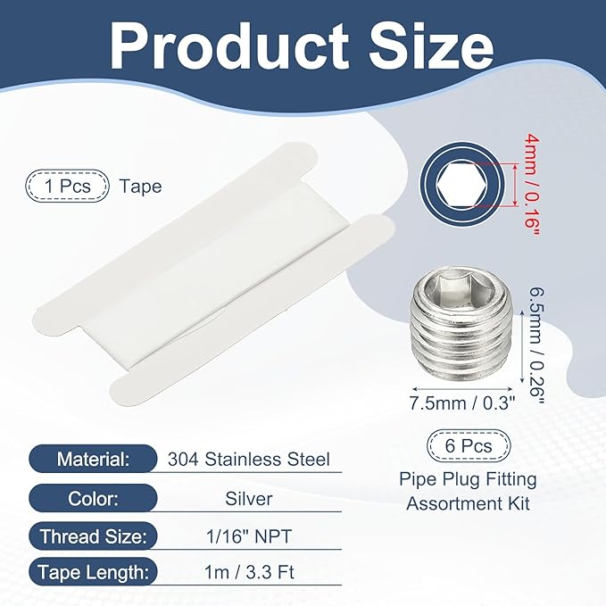 PATIKIL 1/16" NPT Male Internal Hex Pipe Fitting, 4 Pcs 304 Stainless Steel Pipe Plug Fitting Assortment Kit Countersunk Thread Head Socket Pipe Plug Fitting Adapter with Tape, Silver