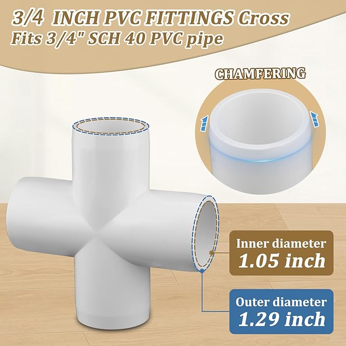 12-Pack 3/4" PVC Fittings Cross, Furniture Grade 3/4 Inch PVC Pipe Fittings 4 Way, UV Resistant, Fits SCH40 Pipe DIY Garden Shelves, Greenhouse, Shelf
