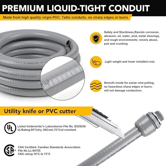 1 inch 100ft Liquid-Tight Conduit and Connector Kit,Flexible Non-Metallic Liquid Tight Electrical Conduit Kit with 5 Straight and 3 90-Degree Connector Fittings,1in. Dia
