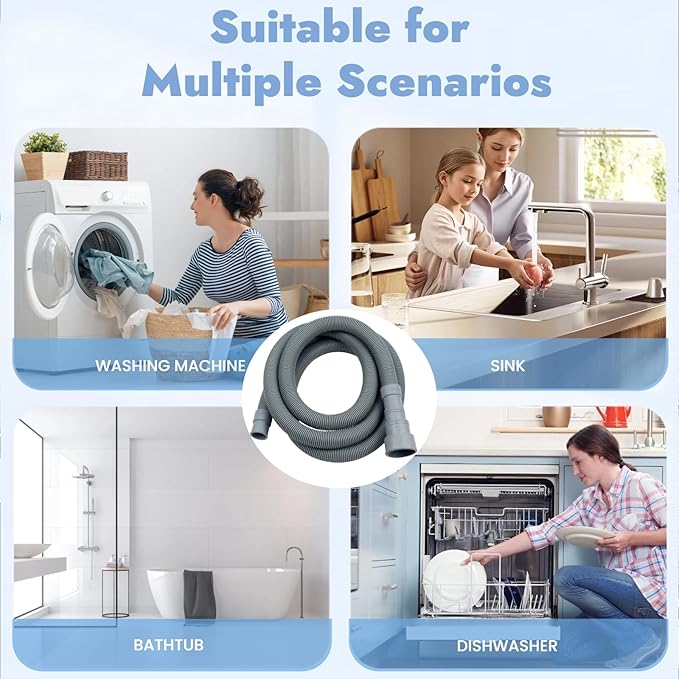10FT Universal Washing Machine Drain Hose Kit – Extra-Long Flexible Corrugated Extension for Washer/Dishwasher/Dehumidifier | 7-Pack: U-Bend Bracket, 4 Stainless Clamps + Adapter
