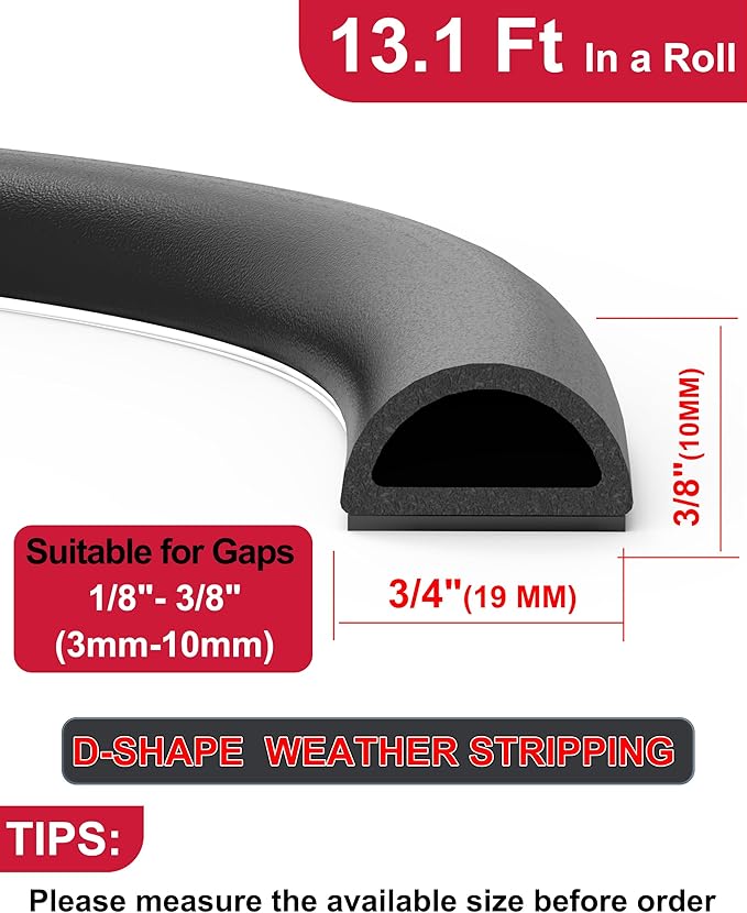 Rubber Weather Stripping Self Adhesive Door Weather Strip D Shape EPDM Rubber Seal Strip for Door and Window, RV, Boat, Car, Truck, Marine, 13 FT, (3/4" W × 3/8" T)