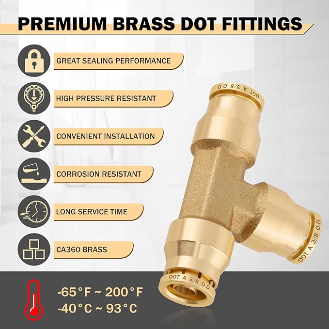 CheeMuii 13 PCS Brass DOT Air Line Fittings Kit 1/4 3/8 1/2 DOT Quick Connect Air Fittings Tee Union Push to Connect Air Hose Fittings for Semi Truck Trailers Air Brake System