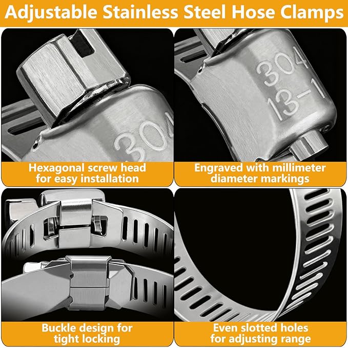 40 Pack Adjustable Stainless Steel Hose Clamps, 10-70mm Worm Gear Duct Pipe Clamp, Heavy Duty Metal Fuel Line Radiator Hose Clamps Kit for Plumbing, Automotive, Industrial, Garden, Indoor&Outdoor Use