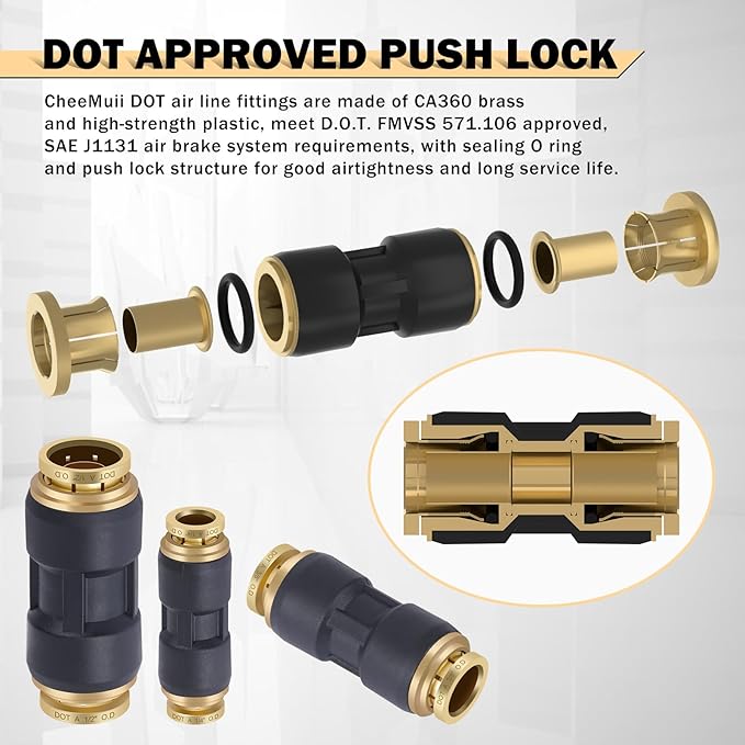 CheeMuii 30 PCS DOT Air Line Fittings 1/4" 3/8" 1/2" DOT Push Lock Air Fittings Brass and Plastic Straight Unions Quick Connect Air Hose Fittings Repair Kit
