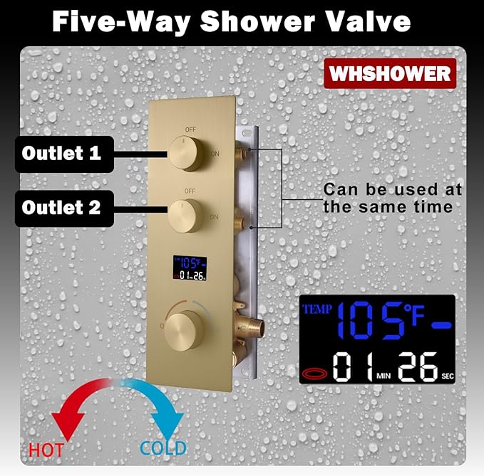 Brushed Gold 2 Function Shower Diverter with Temperature Display Solid Brass Shower Mixer Valve Pressure Balancing and Flow Control Bathroom Shower Diverter Valve