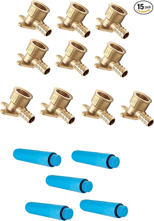 15-Pack EFIELD Crimp Pex 1/2 Inch x 1/2 Inch Female NPT Drop-Ear Elbow (10 PCS), With 5 PCS Test Plugs,(PEX1807260-5PCS)