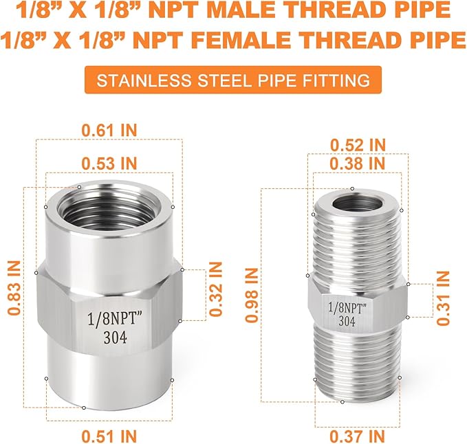 GASHER 10PCS 304 Stainless Steel Pipe Fitting, Hex Nipple Hex Coupling, 1/8" x 1/8" NPT Male Thread Pipe, 1/8Inch x 1/8Inch NPT Female Thread Pipe