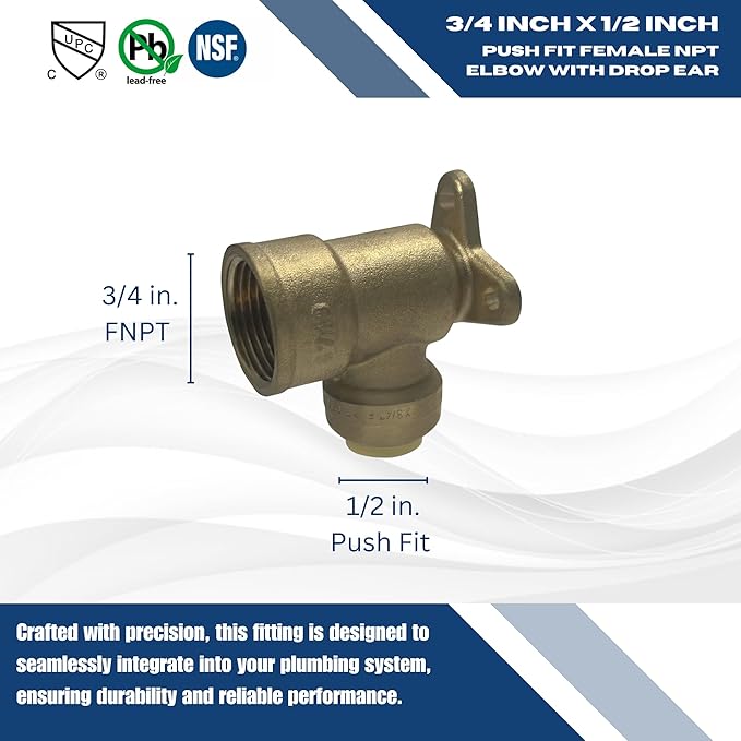 XFITTING Push Fit 1/2 Inch x 3/4 Inch Female NPT Elbow with Drop Ear, 5 Pieces
