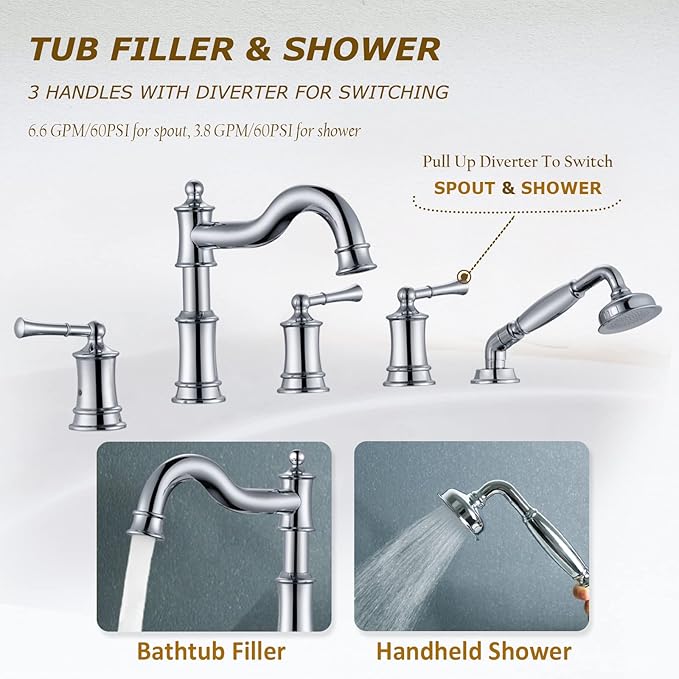 Roman Tub Faucet Set With Handheld Shower 5 Hole Deck Mount Tub Filler With Diverter, 3 Lever Handle Rough-in Valve and Water Supply Lines Included for Bathroom Tub, chrome