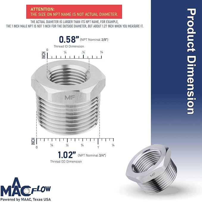MAACFLOW Stainless Steel 3/4" Male NPT to 3/8" Female NPT Adapter Reducer Hex Bushing (Thread OD 1.02" - ID 0.58") (Pack of 1)