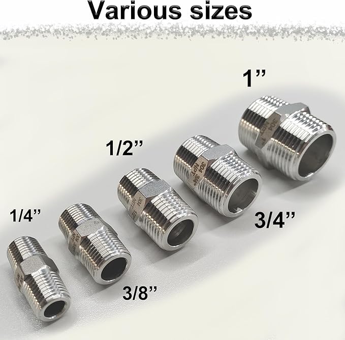 1/4" Male x 1/4" Male Hex Nipple Pipe Fittings, 304 Stainless Steel 1/4 inch NPT Male Threaded Pipe Adapter Fittings Equal Nipples Connectors, Male Straight Connector Pipe Fitting (1/4“, 2pcs)