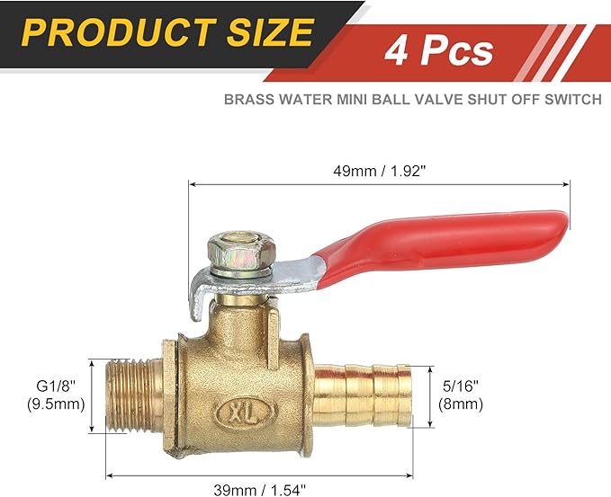 uxcell 2Pcs Brass Water Mini Ball Valve Shut Off Switch, G1/8" Male x 5/16" Hose Barb, 180 Degree Operation Handle, Brass Valve