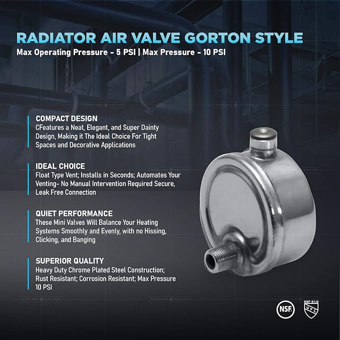 MIDLINE VALVE 1/8 Inch Air Vent No. 6, 1/8" Angled Steam Air Vent, Radiator Air Valve, Chrome Plated