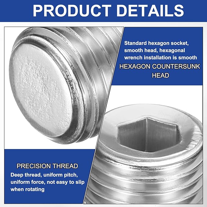 PATIKIL 5 Pcs 304 Stainless Steel Pipe Plug M14 x 1.5 Male Internal Hex Thread Socket Pipe Plug Hex Countersunk Pipe Fitting for Sealing Water Oil Gas Pipeline, Silver
