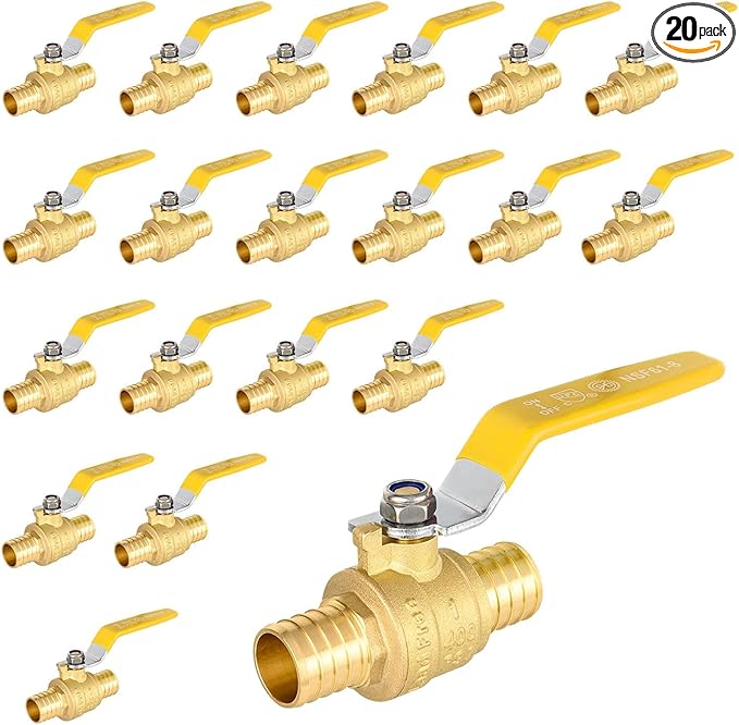 20 Pack Ball Valves, 1" Pex Crimp Shut Off Valve Yellow, Brass Full Port Pex B Shut Off Ball Valve for Hot and Cold Water, NSF/ANSI 61 Certified
