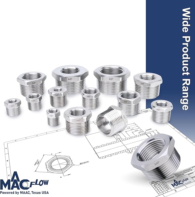 MAACFLOW Stainless Steel 1/4" Male NPT to 1/8" Female NPT Adapter Reducer Hex Bushing (Thread OD 0.52" - ID 0.34") (pack of 2)