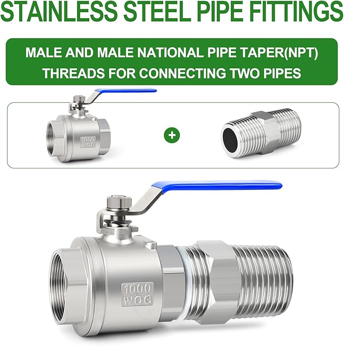 TAISHER 2PCS 304 Stainless Steel New Hex Nipple, 3/8" NPT Male x 3/8" NPT Male, Pipe Adapter Fitting