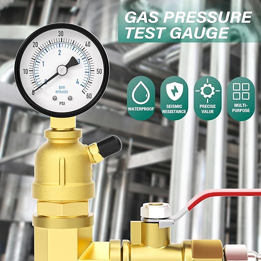 0-60PSI Air Test Pressure gauges, 2" Double Graduated Dial, 3/4" FNPT Forged Brass Bell Shape Body Assembly, 1/8" NPT Air Bleeding Valve, for Pressure Testing on Home Gas Line