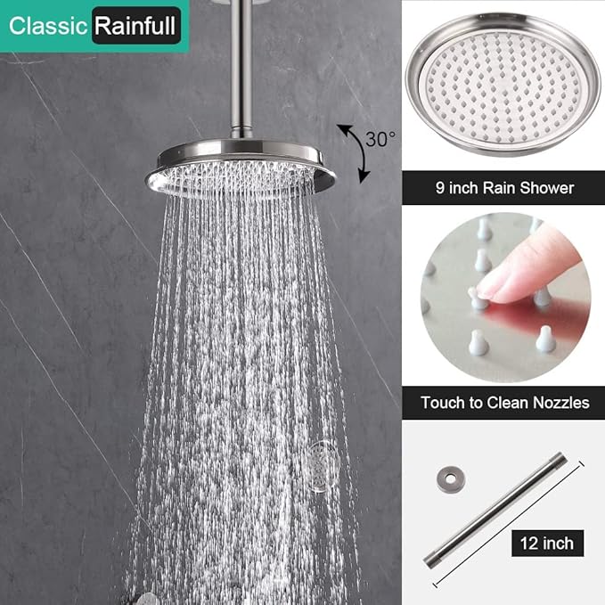 Antique Shower Faucet-Sets Fixtures: 9 inch Ceiling Rain Head with Handheld Spray and Body Jets, 3 Way Diverter Rough in Valve System included Trim Kit, Brushed Nickel