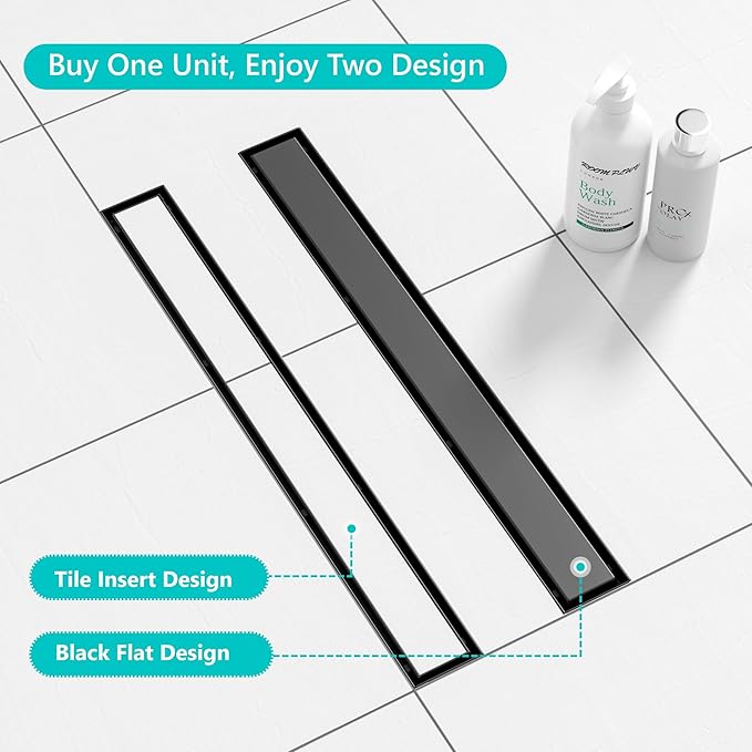 Neodrain 40 in Matte Black Linear Shower Drain- with 2-in-1 Flat & Tile Insert Cover, 304 Stainless Steel Rectangle Shower Floor Drain,Floor Shower Drain