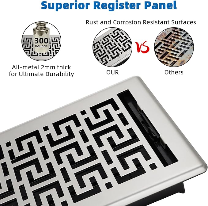 Floor Register 6x10-6 Pack Floor Vent Covers Heavy Duty Walkable Steel Floor Vents Adjustable Decorative Vent Covers for Home Floor Sidewall Office or Ceiling Vent