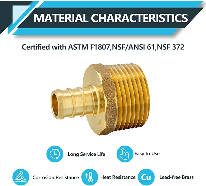 (50-Pack) PEX Fittings, Pex 1/2"x3/4" Male Threaded NPT Adapter, Brass Crimp Fittings, for PEX Tubing Pipe Plumbing, ASTM F1807