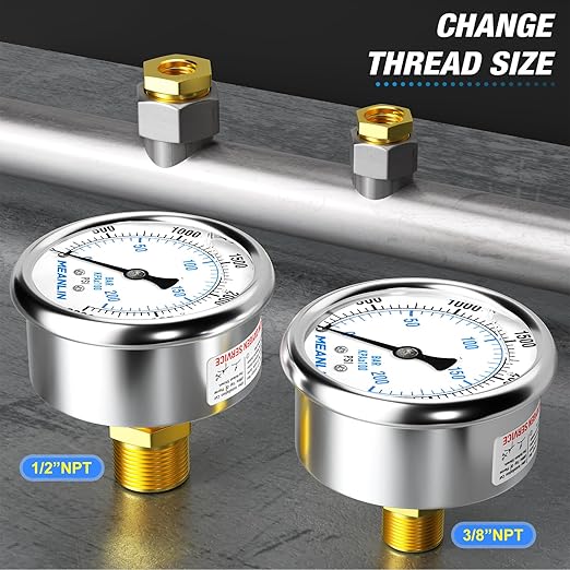 MEANLIN MEASURE 0~3000Psi Stainless Steel 1/4" NPT 2.5" FACE DIAL Liquid Filled Pressure Gauge WOG Water Oil Air Center Back Mount, with 1/4" x 1/2" NPT and 1/4" x 3/8" NPT Hex Bushing