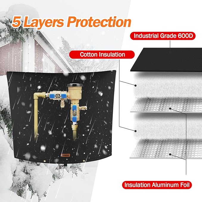 Backflow Preventer Pipe Insulation Cover (5°F) - Irrigation Sprinkler Valve Insulated Pouch - Water Well Pump Cover - Sturdy 5 Layers for Winter Freeze Protection, 24" W x 18" H, Black