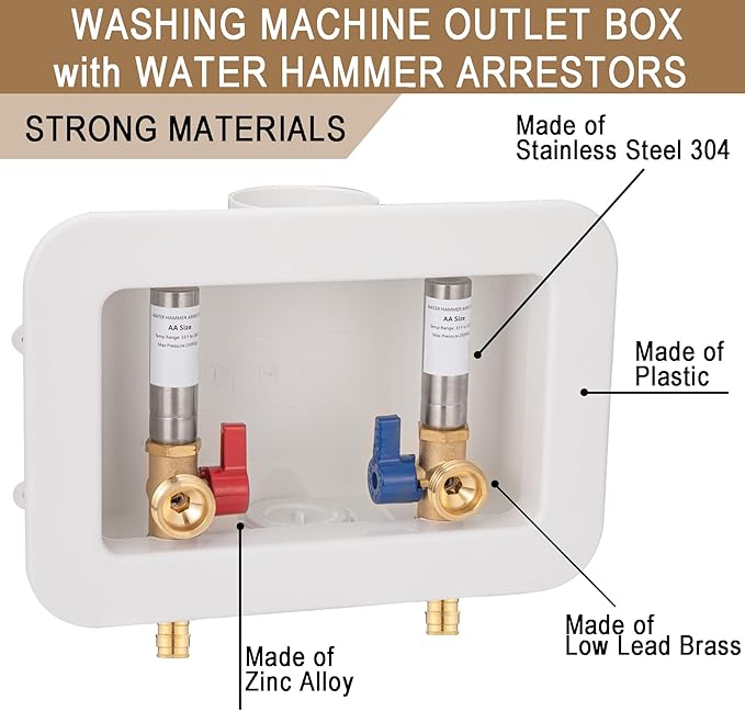 [1 Piece] Lingmfg Washing Machine Outlet Box PEX-A Expansion with Hammer Arrestors and 2 inch Central Drain, 1/2 inch PEX-A Expansion, Connection 3/4 inch Washing Machine Hoses LING-WMOB-W-SSWHA-3