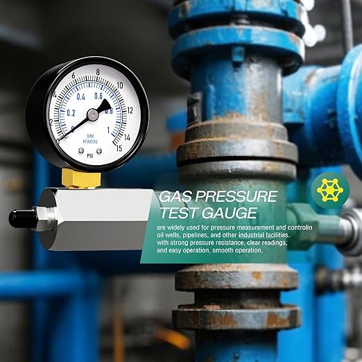0-15PSI Gas Test Pressure Gauge, 2" Dial Size, 3/4" FNPT Connection, -3-2-3% Accuracy, Brass Valve, Chrome Plated Steel Body Assembly, for as Well as Gas line, air Circuit, Pressure Test
