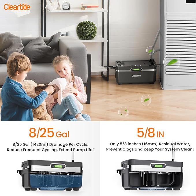 Cleartide Condensate HVAC Pump, Ultra-Quiet 25dB, 1/30 HP 135 GPH, Automatic Condensate Removal Pump with Safety Switch for Air Conditioner/Furnace/Dehumidifier/Ice Machine, 100-240V, 27ft Head Height